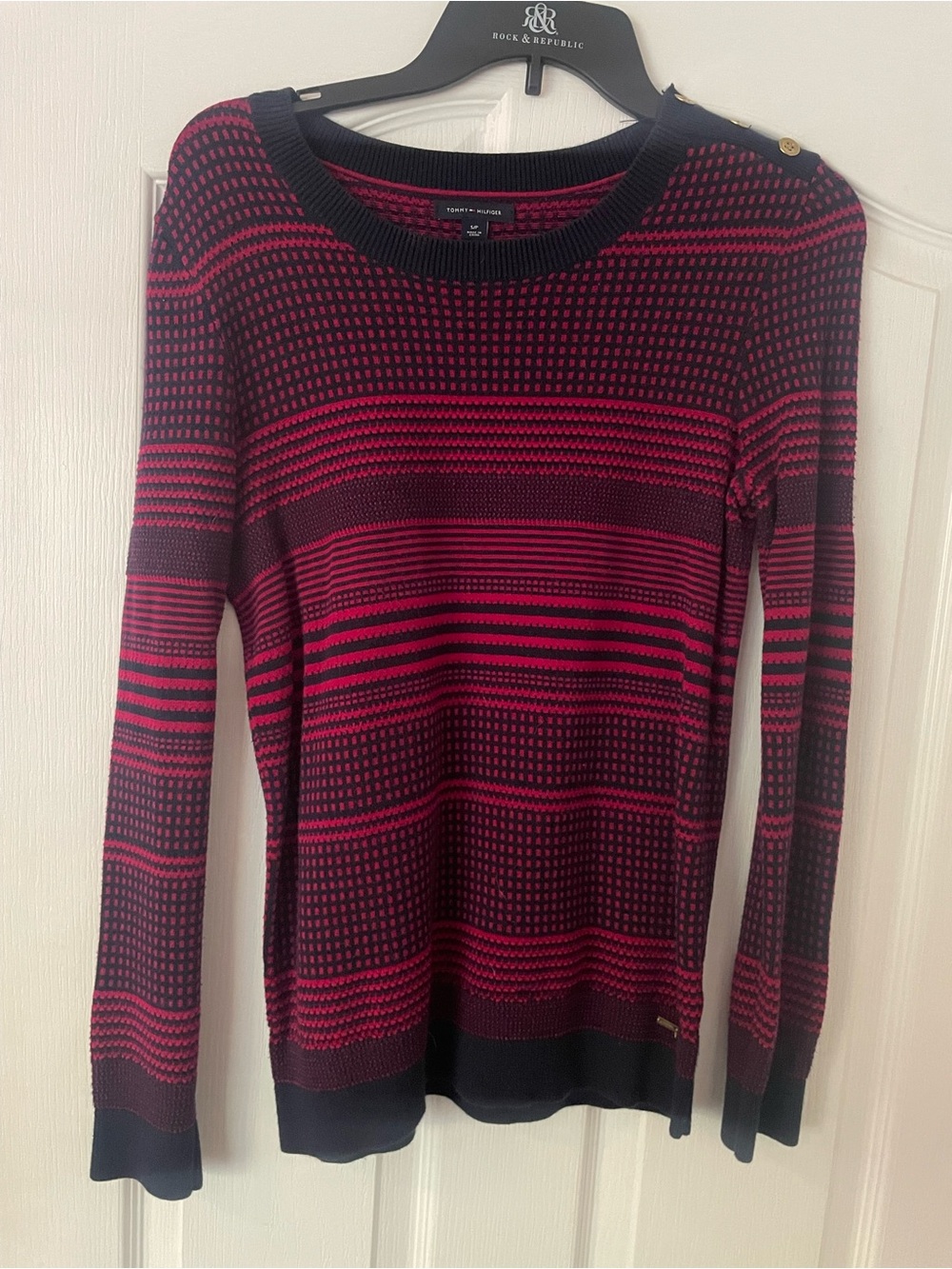 Tommy Hilfiger Red Navy Striped Crewneck Sweater with Gold Buttons Small Women’s